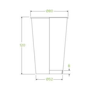 Line drawing of a 12oz BioCup with single wall, dimensions: 120 mm tall, 80 mm top diameter, 52 mm base diameter, and 8 mm base height.