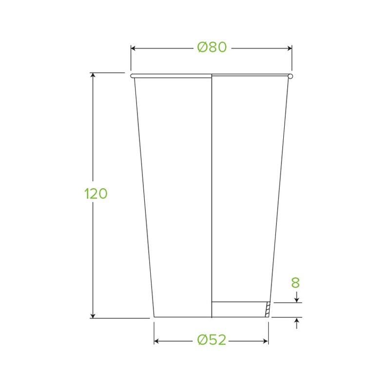 Technical line drawing of a 350ml White Single Wall BioCup with measurements: height 120 mm, top diameter 80 mm, base diameter 52 mm, and base thickness 8 mm.