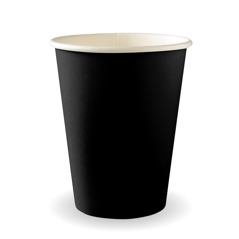 A plain Black Single Wall BioCup with a white rim, standing upright on a white surface.