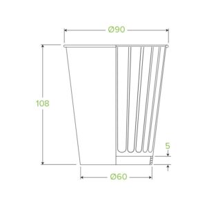 Technical line drawing of a 390ml BioCup with dimensions: 108 mm height, 90 mm top diameter, 60 mm base diameter, and a 5 mm marked section near the base.