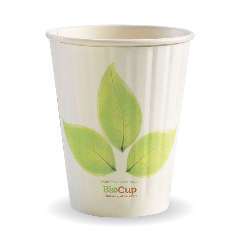 A 12oz Double Wall BioCup features three green leaves and the words “BioCup Made from plants not oil. It doesn’t cost the earth.” printed on a white paper cup.