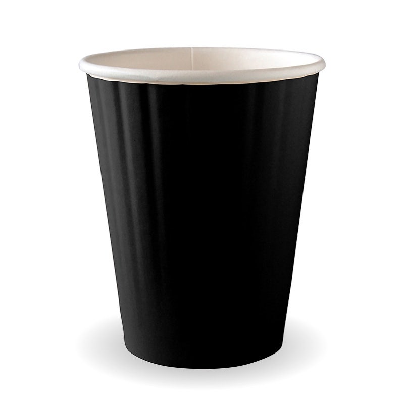 A Black Double Wall BioCup with a white interior stands upright on a white background.