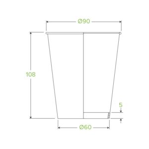 Technical drawing of a tapered 12oz BioCup single wall cup with dimensions: top diameter 90 mm, bottom diameter 60 mm, height 108 mm, and base thickness 5 mm.