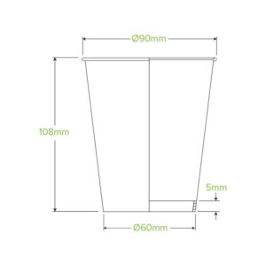 Technical drawing of a 12oz BioCup showing dimensions: 108mm height, 90mm top diameter, 60mm bottom diameter, and 5mm base thickness. SA Compliant and single wall design illustrated.