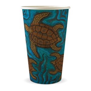 A 510ml Single Wall BioCup featuring Indigenous Art: sea turtles swimming against a blue background with seaweed patterns.