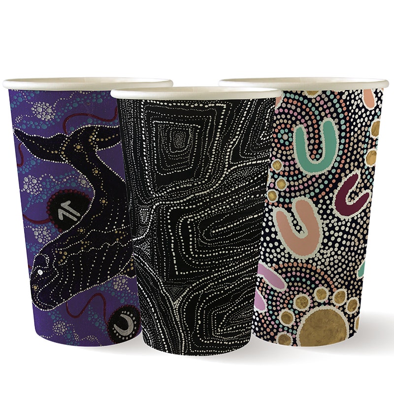 Three Single Wall BioCup 16oz paper cups with distinct Indigenous Art Series dot art designs in purple, black, and multicolor patterns stand side by side.