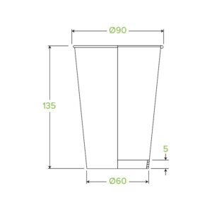 Line drawing of a 510ml BioCup with measurements: 90mm top diameter, 60mm bottom diameter, 135mm height, and 5mm base thickness.