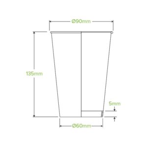 Line drawing of a BioCup single wall cup with dimensions: 135mm height, 90mm top diameter, 60mm base diameter, and a 5mm bottom section—ideal for showcasing Indigenous Art designs.