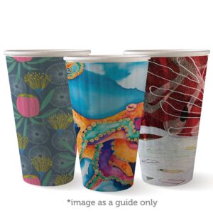 Three tall 16oz Double Wall Art Series BioCups with colorful, artistic designs, including floral patterns, an octopus illustration, and abstract art. Text below reads, "image as a guide only.
