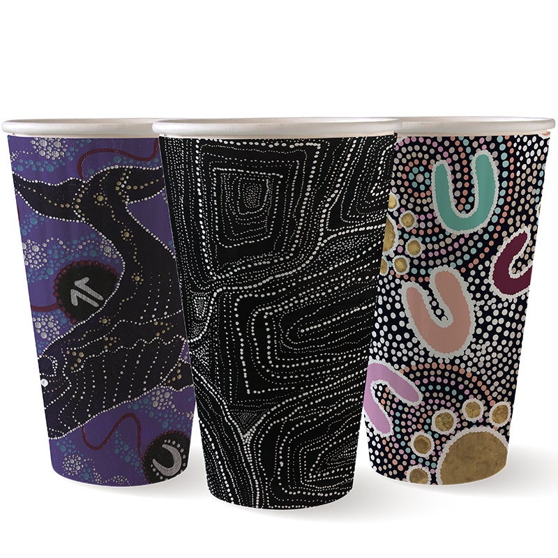 Three 16oz Double Wall BioCups feature Aboriginal-inspired dot paintings in purple, black, and multicolor patterns as part of the Indigenous Art Series.