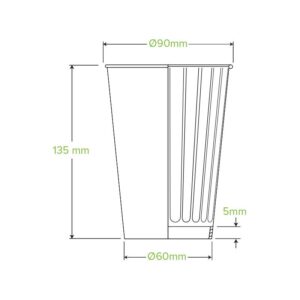 Line drawing of a White Double Wall BioCup with dimensions: 135 mm height, 90 mm top diameter, 60 mm bottom diameter, and 5 mm thickness at the base.