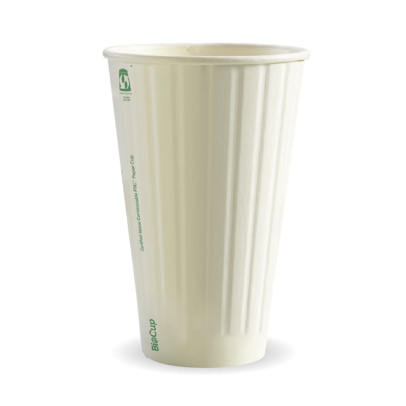 Tall, cream-colored White Double Wall BioCup with vertical ridges and green text near the rim and base, SA Compliant and isolated on a white background.