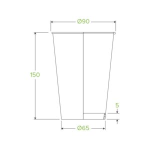 Technical drawing of a 20oz BioCup showing dimensions: height 150 mm, top diameter 90 mm, bottom diameter 65 mm, and a base thickness of 5 mm. Single Wall design detailed.