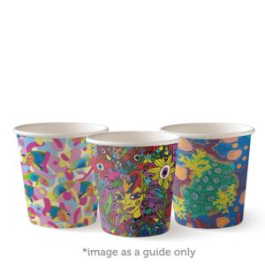 Three colorful 120ml cups with abstract and floral designs from the Art Series BioCup collection are displayed side by side.