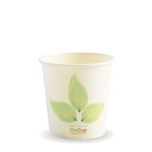 A white biodegradable Leaf Single Wall BioCup with a green leaf design and the text "BioCup" printed on the front, perfect for serving 4oz or 120ml portions.