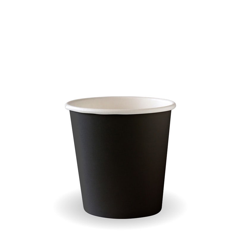 A plain Black Single Wall BioCup with a white interior, standing upright on a white background.