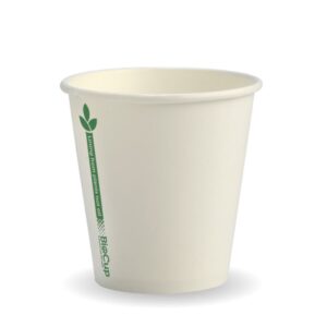 A 230ml white paper cup with a green leaf design, featuring "BioCup" branding printed vertically along the side. Single Wall construction makes it ideal for eco-conscious beverage service.