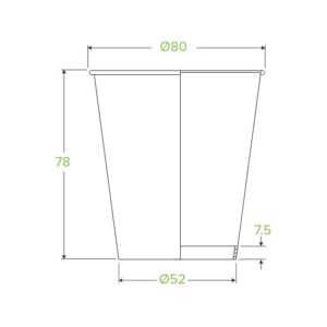 Technical drawing of a 230ml cup (Black Single Wall BioCup) showing dimensions: 80 mm top diameter, 52 mm bottom diameter, 78 mm height, and 7.5 mm base thickness.
