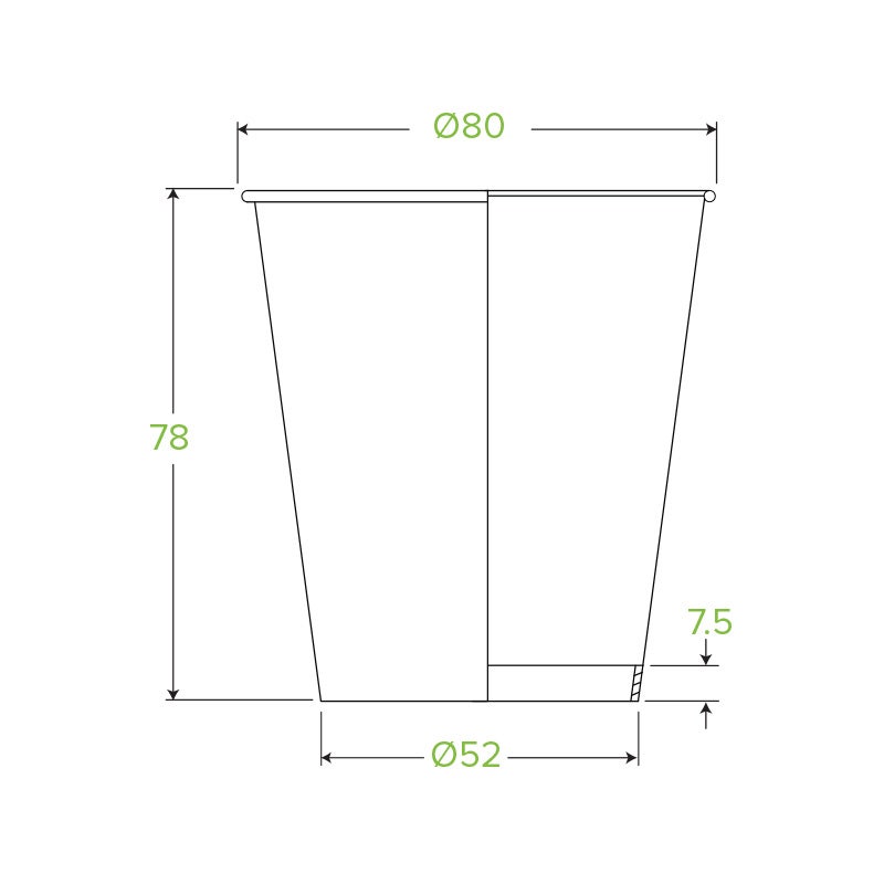 Technical drawing of a tapered White Single Wall BioCup with a top diameter of 80 mm, bottom diameter of 52 mm, height of 78 mm, and a base thickness of 7.5 mm.