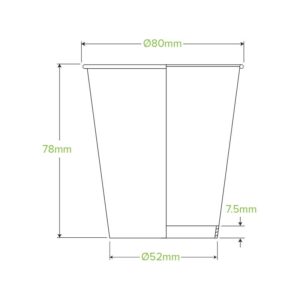 Line drawing of a White Single Wall BioCup with dimensions: 80mm top diameter, 52mm bottom diameter, 78mm height, and a 7.5mm base thickness. This SA Compliant cup holds 230ml and is perfect for eco-friendly serving needs.