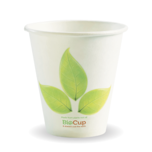 White biodegradable 8oz BioCup with three green leaves printed on the front and "BioCup" branding, indicating it is made from plants, not oil.