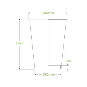 Line drawing of a 280ml Art Series BioCup with dimensions: 80mm top diameter, 52mm bottom diameter, 95mm height, and 5mm base thickness.
