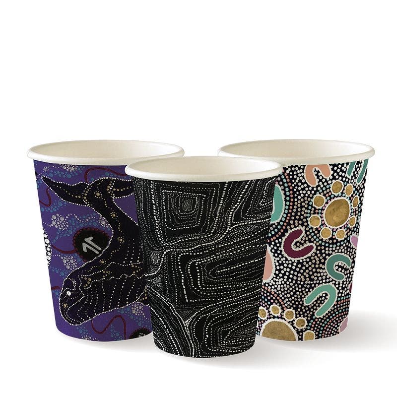 Three Single Wall BioCups (280ml) from the Indigenous Art Series feature colorful, abstract Aboriginal-inspired dot patterns in black, purple, and multicolor designs, displayed side by side.