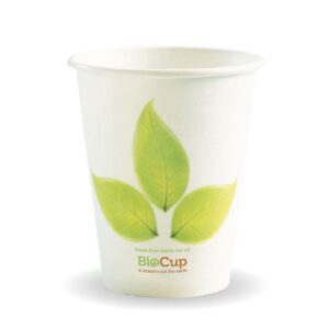 White Leaf Single Wall BioCup, 8oz (280ml), featuring three green leaves and the text "BioCup, Made from plants not oil, It doesn’t cost the earth" on the front.