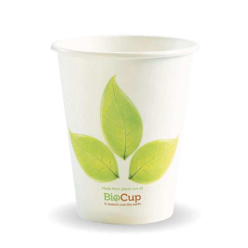 White Leaf Single Wall BioCup, 8oz (280ml), featuring three green leaves and the text "BioCup, Made from plants not oil, It doesn’t cost the earth" on the front.