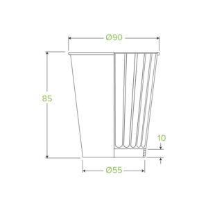 Technical line drawing of a Leaf Double Wall BioCup with dimensions: top diameter 90 mm, height 85 mm, bottom diameter 55 mm, and a vertical section marked 10 mm.
