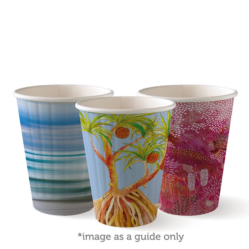 Three Art Series BioCup paper cups with different colorful designs—blue stripes, a tree with roots, and a red animal pattern. Each is a 255ml Double Wall Cup. Text below reads “image as a guide only.”.