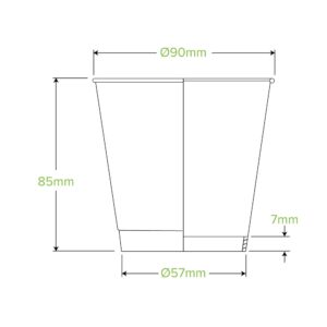 Technical diagram of a 255ml Double Wall BioCup from the Indigenous Art Series, showing dimensions: 90mm top diameter, 57mm bottom diameter, 85mm height, and 7mm base height.