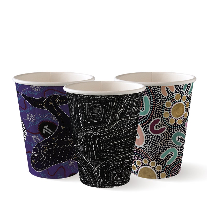 Three 255ml Double Wall BioCups from the Indigenous Art Series, featuring vibrant Aboriginal-inspired dot and line art patterns, displayed side by side on a white background.