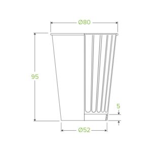Technical drawing of a 255ml BioCup with dimensions: top diameter 80 mm, height 95 mm, bottom diameter 52 mm, and a marked section measuring 5 mm.