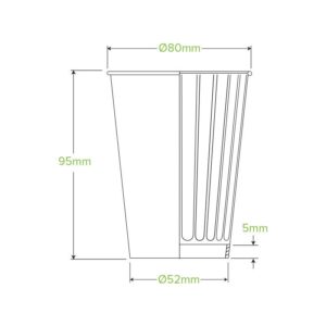 Technical drawing of a White Double Wall BioCup, SA Compliant 255ml cup with dimensions: 95mm height, 80mm top diameter, 52mm bottom diameter, and a 5mm line gap on the side.