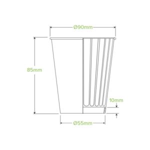 Line drawing of an 8oz BioCup with measurements: 85mm height, 90mm top diameter, 55mm base diameter, and a 10mm vertical side marking.