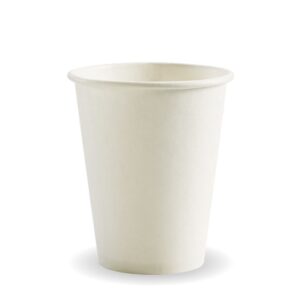 A plain, white 8oz BioCup stands upright on a white background, offering an eco-friendly disposable option.