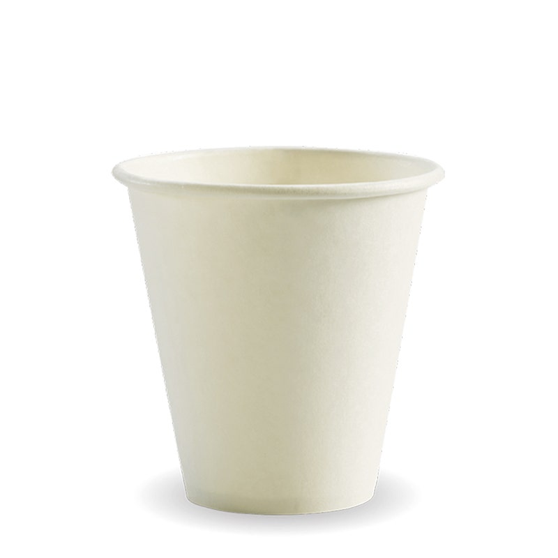 A plain, white 8oz BioCup is shown against a white background, highlighting its simple, disposable design.