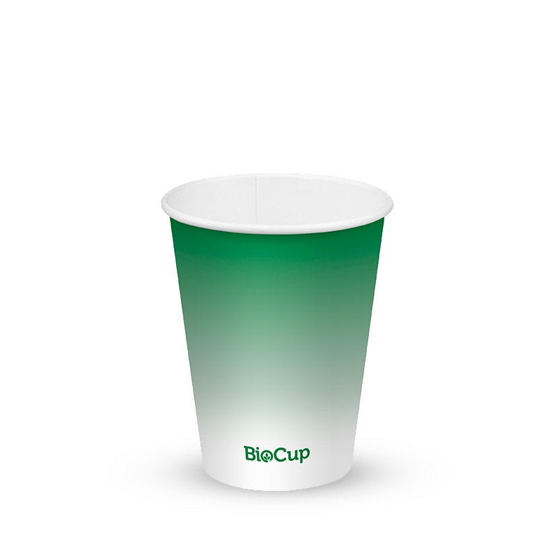 A green and white disposable Green Cold Paper BioCup labeled "BioCup" on the front.