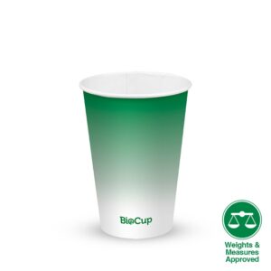 A green and white 14oz Green Cold Paper BioCup, labeled "BioCup," with a "Weights & Measures Approved" badge in the bottom right corner. Holds up to 420ml and is fully biodegradable.