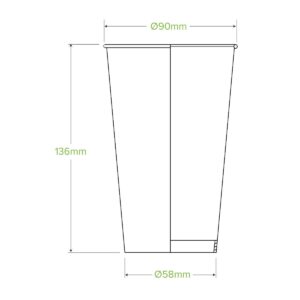 Line drawing of a 16oz BioCup with dimensions: height 136mm, top diameter 90mm, and base diameter 58mm. Measurements are labeled in green text.