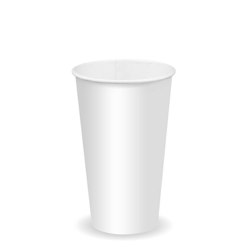 A plain, white, disposable 16oz BioCup stands upright on a white background.
