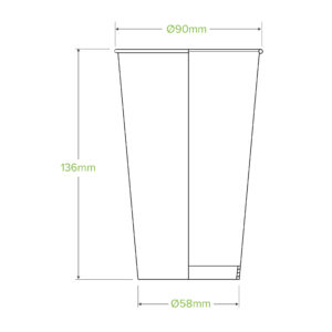 Line drawing of a 16oz BioCup with dimensions: height 136mm, top diameter 90mm, and bottom diameter 58mm.