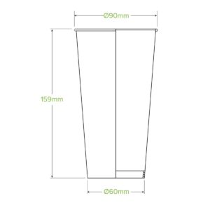 Line drawing of a tapered BioCup cold paper cup with dimensions: 159 mm tall, 90 mm diameter at the top, and 60 mm diameter at the bottom.
