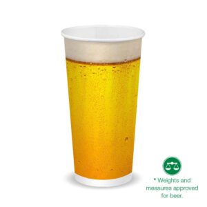 A clear plastic bio cup filled with golden beer, topped with a light foam. A green icon with scale and text reads, "Weights and measures approved for beer.