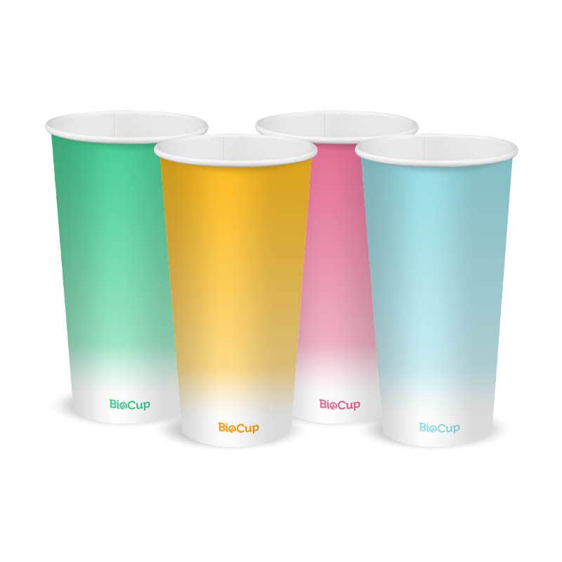 Four tall, Coloured Cold Paper BioCups in green, yellow, pink, and blue—each labeled "BioCup" near the base—are shown standing upright side by side. These 600ml BioCups are biodegradable and perfect for eco-friendly cold beverages.
