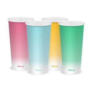 Four tall 650ml Coloured Cold Paper BioCups in pastel pink, blue, yellow, and green—each 22oz—are standing upright in a row on a white background.