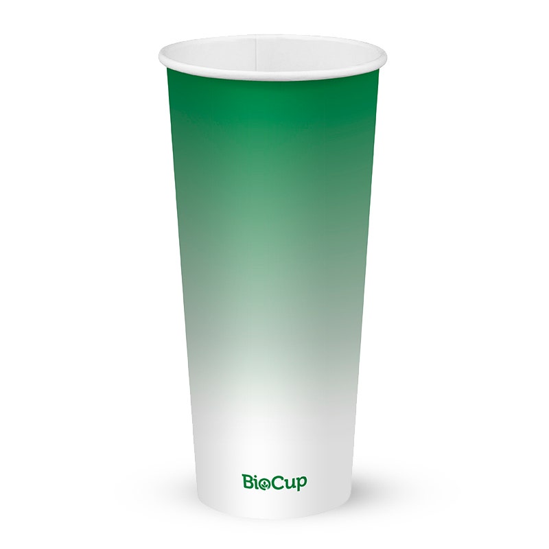 Tall 24oz Green Cold Paper BioCup with a green gradient design and "BioCup" printed at the bottom; holds up to 700ml and is biodegradable.