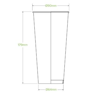 Line drawing of a tall 700ml BioCup with dimensions: height 179mm, top diameter 90mm, and bottom diameter 64mm.