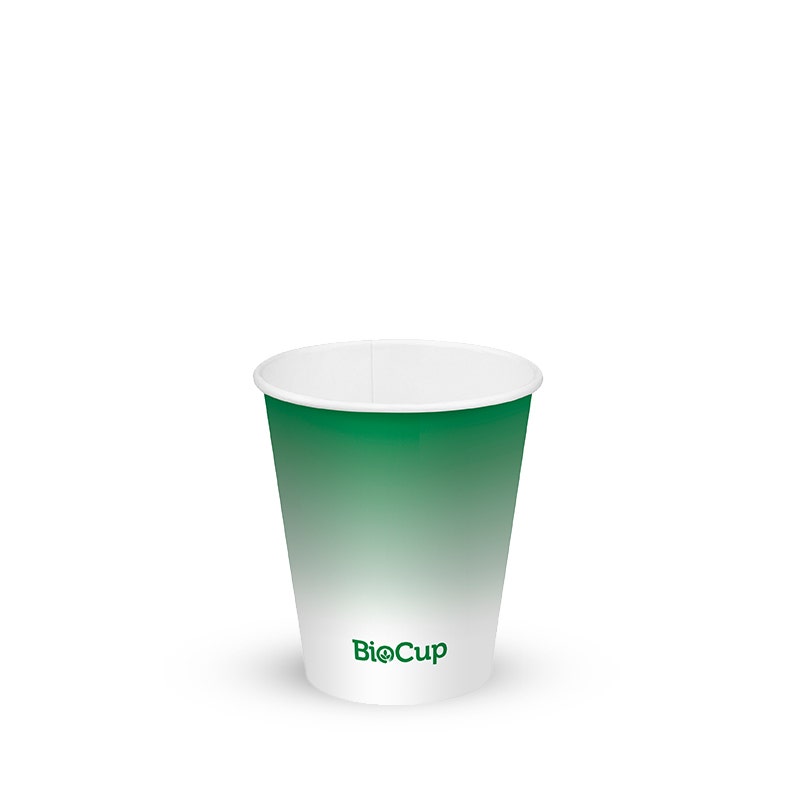 A green and white 200ml BioCup with the "BioCup" logo printed on the front, placed against a plain white background.